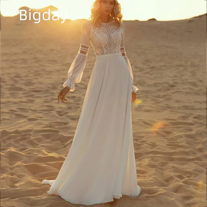 Top Trends: Bohemian A-Line Wedding Dress Women 2024 Lace White Long Sleeve Illusion Back Chiffon Bridal Gowns Sweep Train Vestidos De Novia Shoppable Styles