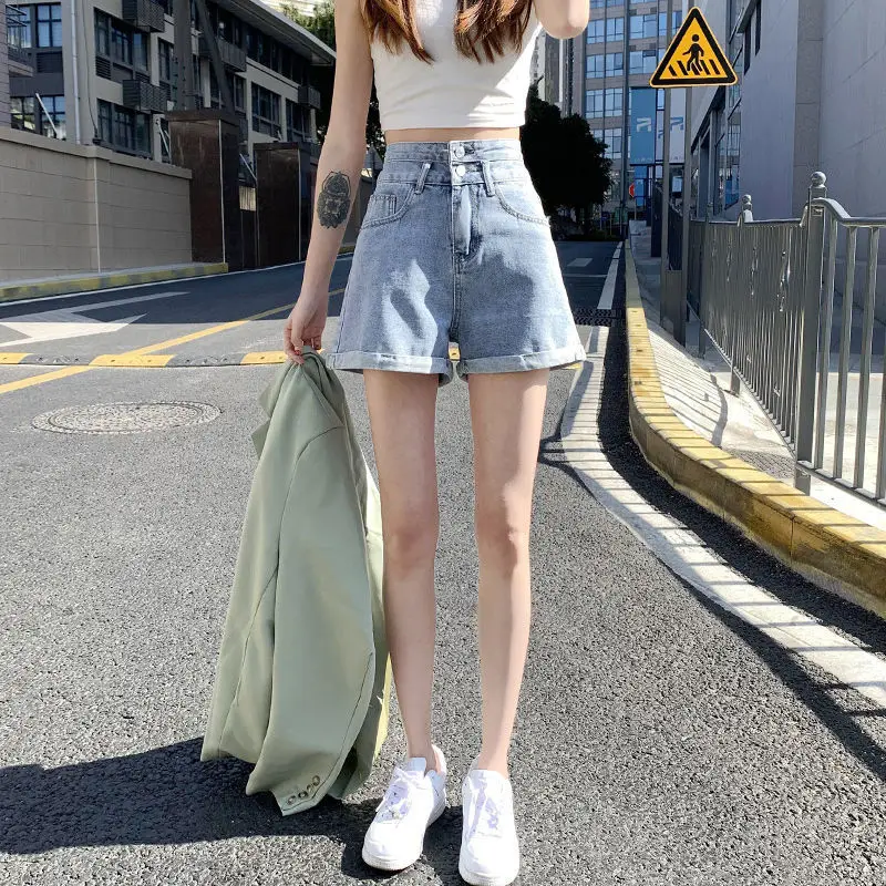 Top Trends: Summer New High Waist Solid Denim Shorts Button All-match Loose A-line Wide Leg Hot Pants Trend Korean Fashion Women Clothing Shoppable Styles