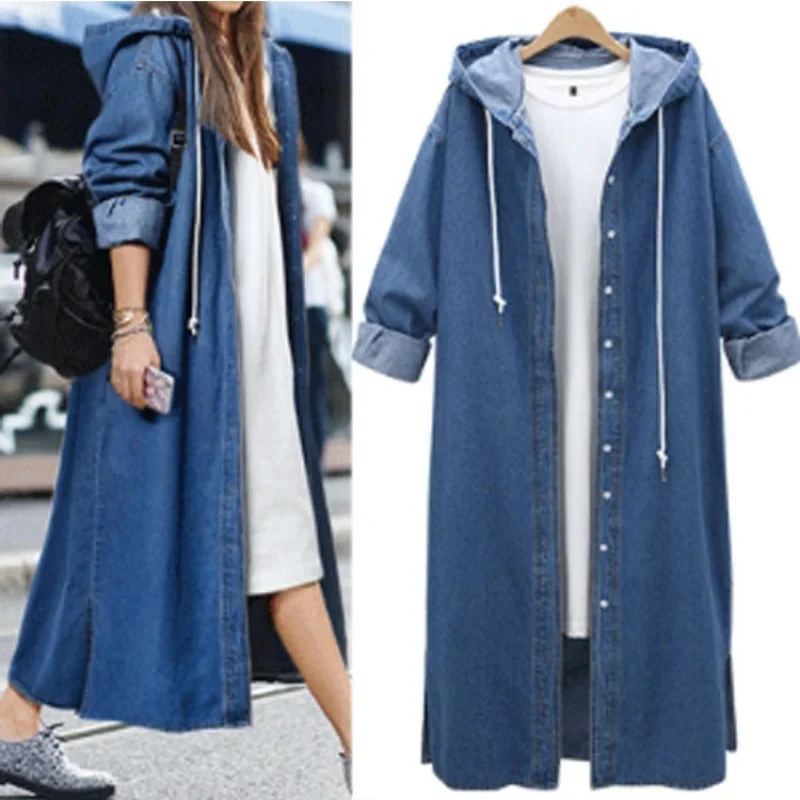 Top Trends: European And American Ladies Denim Trench Coat Solid Color Lace-Up Denim Jacket Long Shirt Shoppable Styles