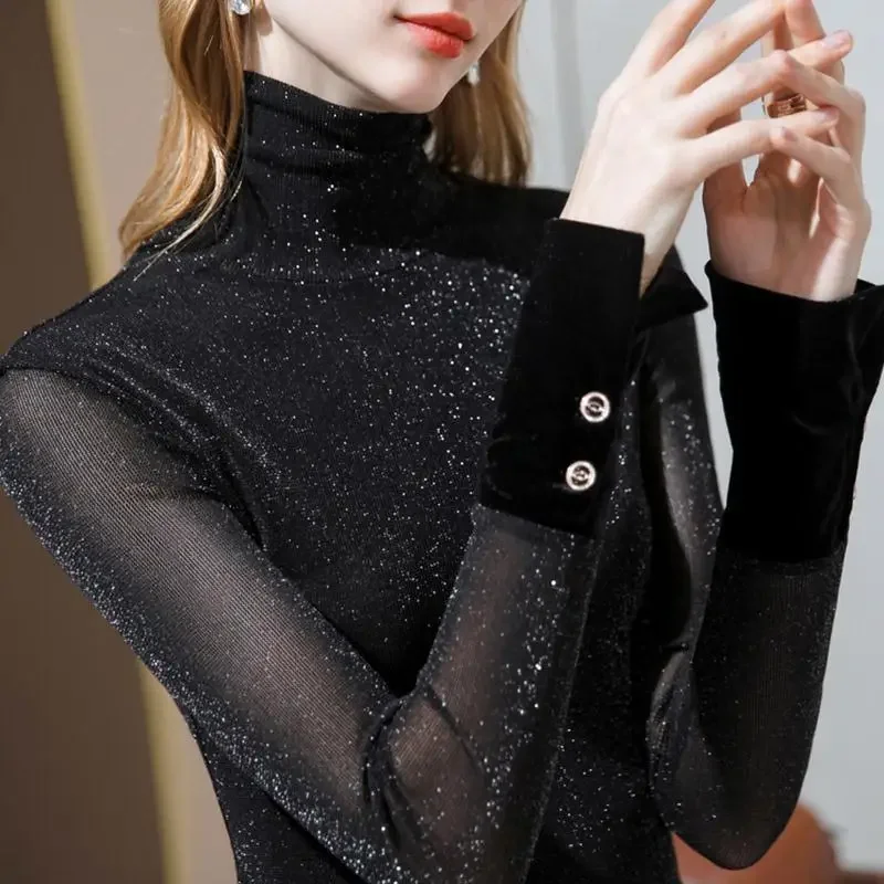 Top Trends: T-shirt Woman Lace Chiffon Turtleneck Sexy Clothing Black 2023 Trend Women&#039;s Top Tees Pulovers New In 90s Graphic Alt Kpop Old O Shoppable Styles