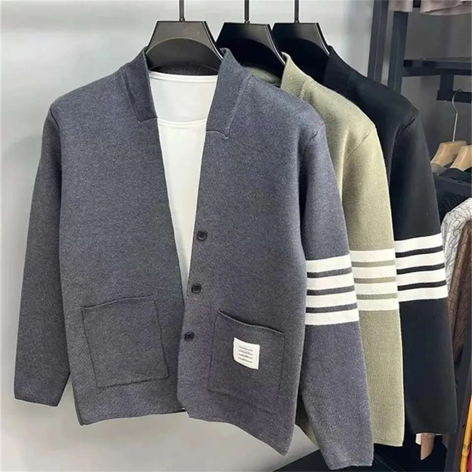 Top Trends: New Arrival High End Luxury Men's Knitted Cardigan2023Autumn Korean Casual Trend Fashion Stripe Pocket Simple Men's Sweater Coat Shoppable Styles - Image 3