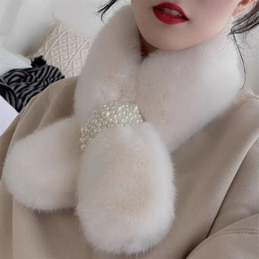 Top Trends: Pearl Scarf Winter New Style Thickened Korean Version Of Cross-warmingwool Wool Rabbit-like Neck Collar DZ1 Shoppable Styles - Image 4