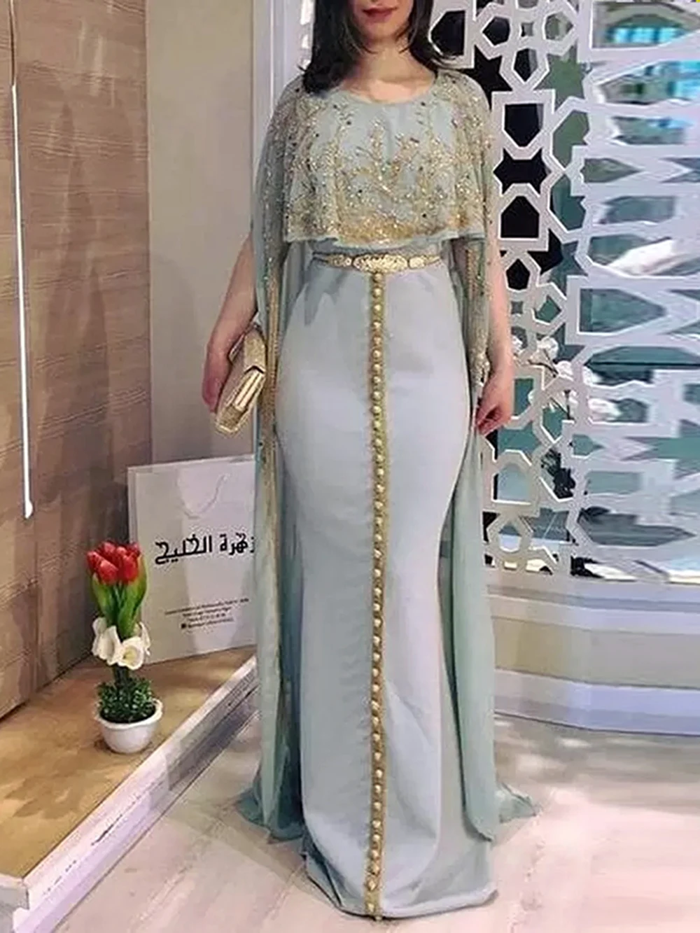 Top Trends: Gray Moroccan Kaftan Gold Lace Appliques Cape Style Saudi Arabia Robe De Soiree Prom Evening Party Dresses Shoppable Styles