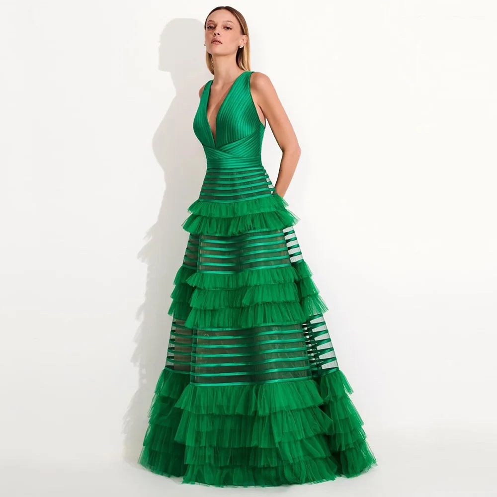 Top Trends: Sevintage Green Prom Dresses V-Neck Sleeveless Tiered Ruffles Tulle Pleat Ruched A-Line Evening Gowns Special Occasion Gown 2023 Shoppable Styles