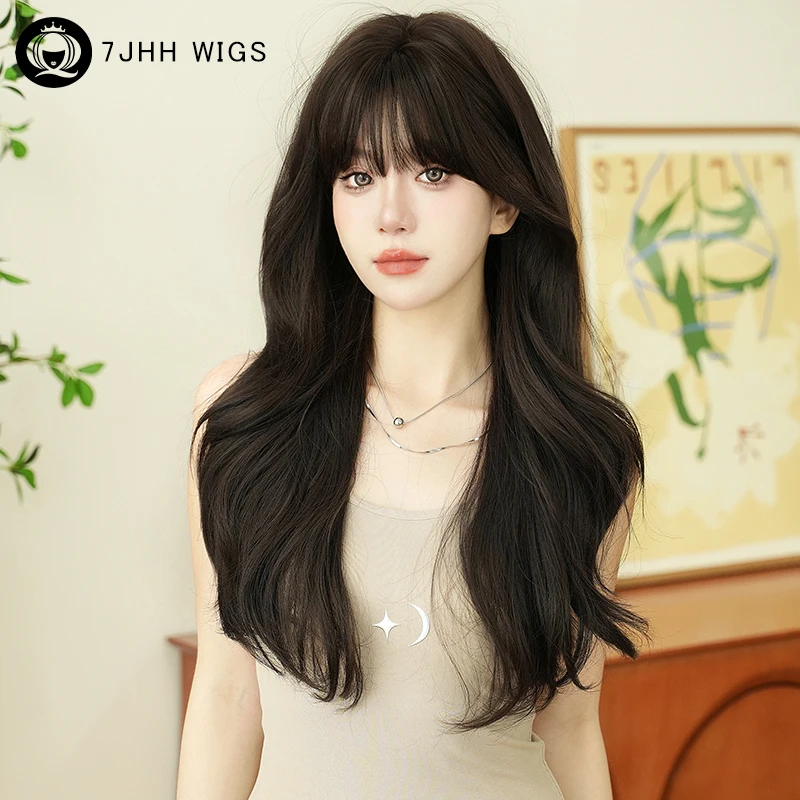 Top Trends: 7JHH WIGS Beginner Friendly Synthetic Dark Brown Wig For Women Daily Use High Density Long Wavy Hair Wig With Bangs Glueless Wig Shoppable Styles