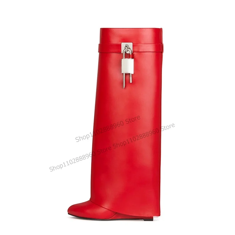 Top Trends: Knee High Red Matte Leather Lock Decor Boots Wedges Heel Women Shoes Slip-On Round Toe 2023 Fashionable Zapatos Para Mujere Shoppable Styles