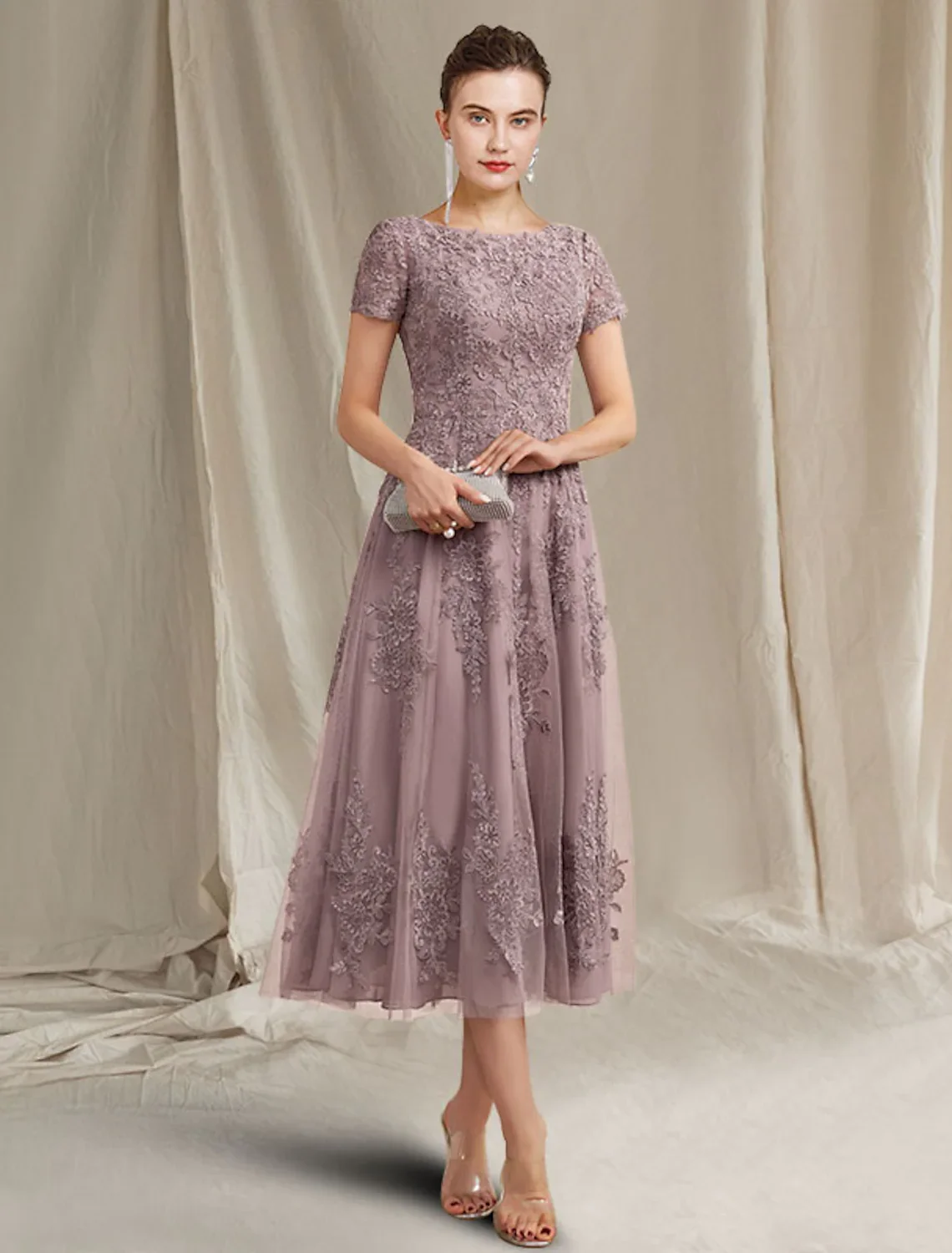 Top Trends: A-Line Mother Of The Bride Dress Elegant Jewel Neck Tea Length Lace Tulle Short Sleeve With Appliques 2022 Shoppable Styles