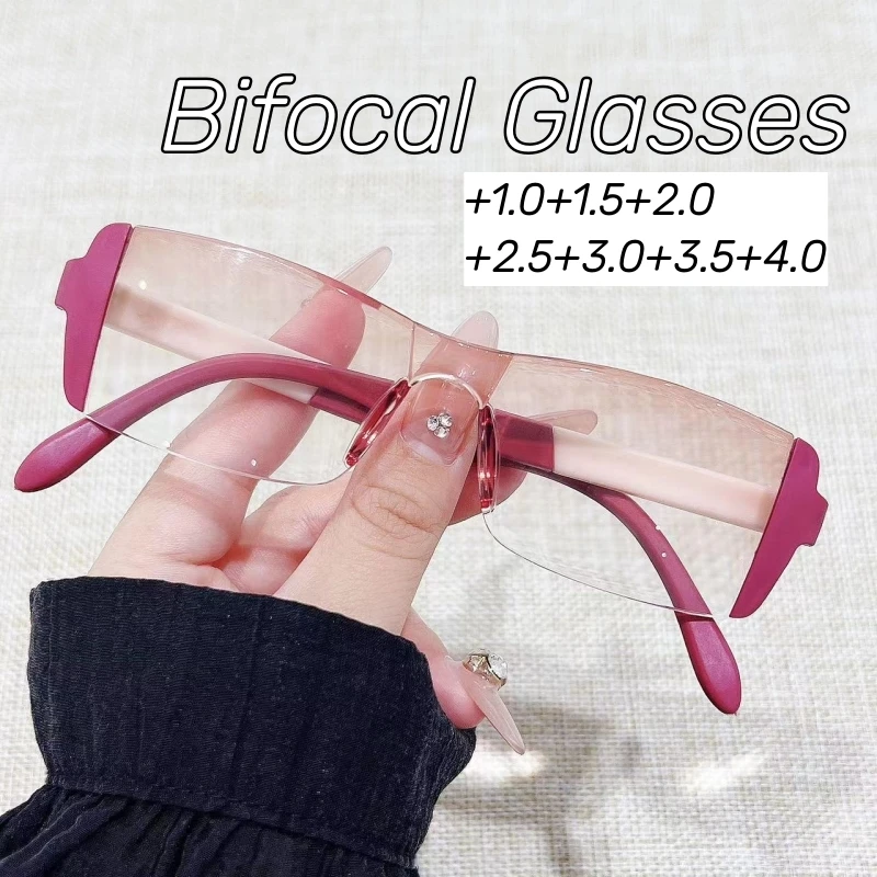 Top Trends: Women Vintage Rimless Bifocal Glasses Luxury Design Far Sight Reading Glasses Square Transparent Presbyopia Eyewear For Man Lady Shoppable Styles