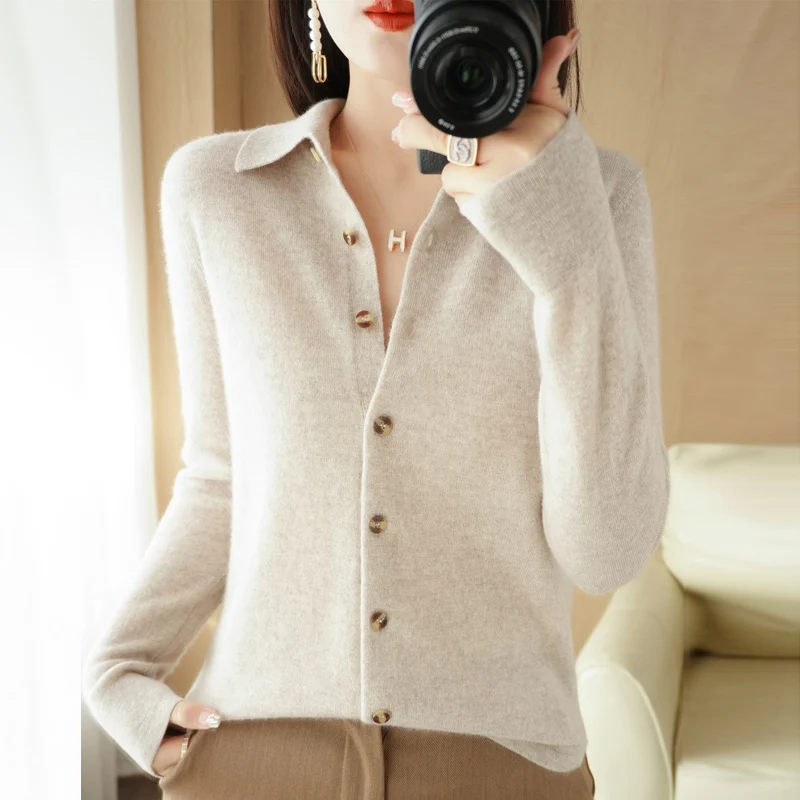 Top Trends: Spring And Autumn New Fine Imitation Wool Knit Cardigan Women Lapel Solid Color Sweater Fashion Temperament Thin Tops Versatile Shoppable Styles