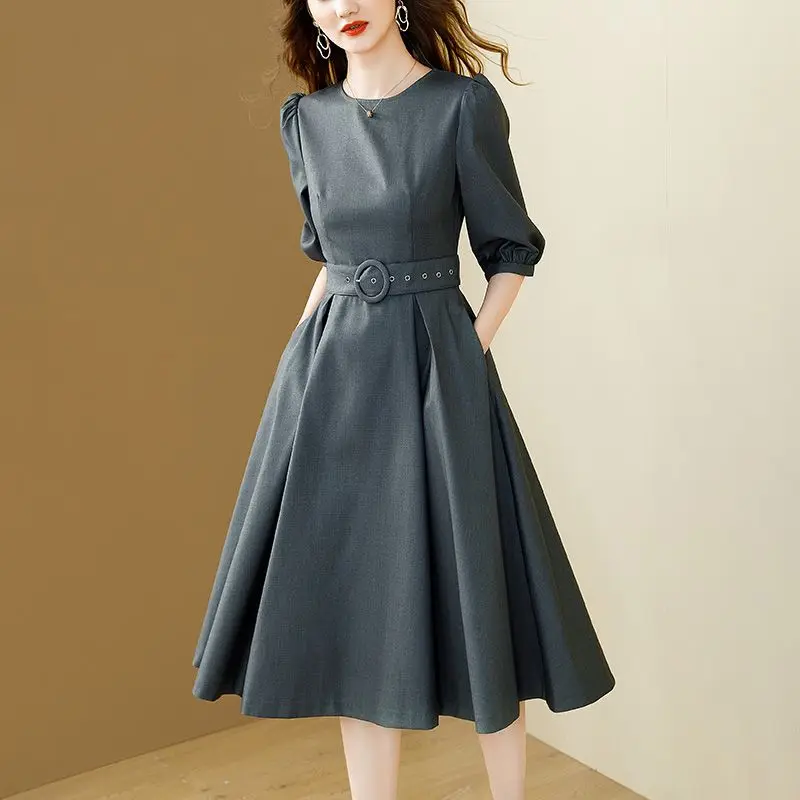 Top Trends: Fashion Office Ladies Work Midi Long Dress Women Elegant Puff Sleeves O-Neck Grey A-Line Belt Tunic Dress Spring Summer 2023 Shoppable Styles