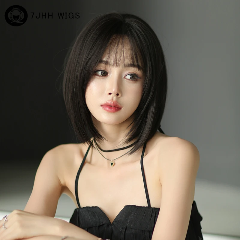 Top Trends: 7JHH WIGS Layered Wig Synthetic Short Straight Bob Wig For Women Daily Use High Density Dark Brown Wigs With Curtain Bangs Shoppable Styles