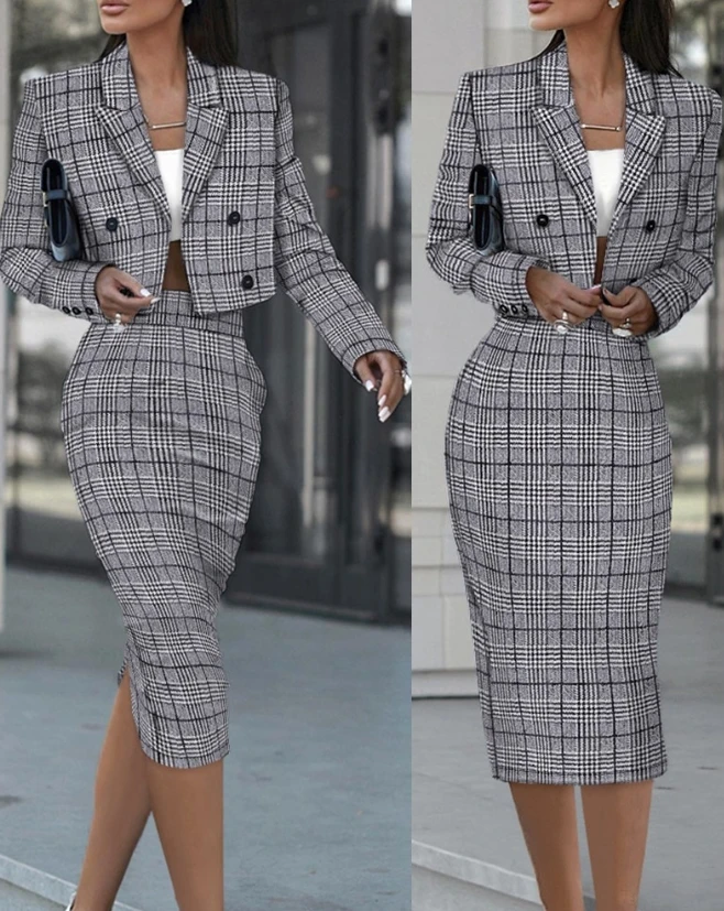 Top Trends: Elegant Work Two Piece Set Women Outfit 2023 Autumn New Long Sleeve Plaid Print Blazer Coat & Fashion Slit Skirt Set Shoppable Styles