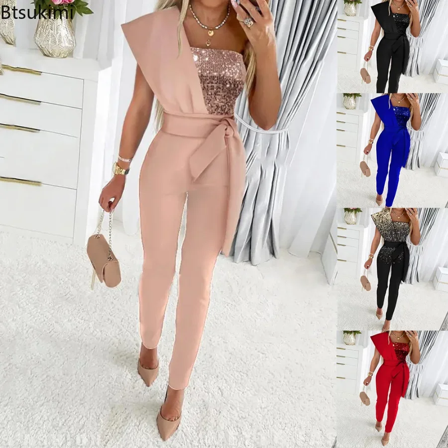 Top Trends: 2024 Spring Autumn Sexy Jumpsuit Women Sequins Patchwork Short Sleeve Slim Bodycon Outfits Lady Elegant One Piece Party Overalls Shoppable Styles