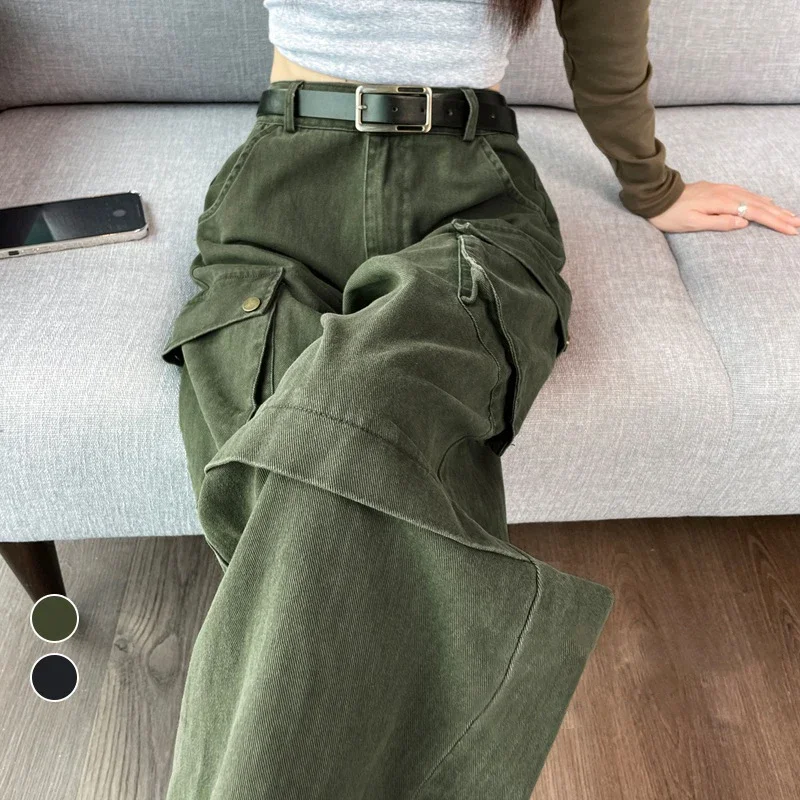 Top Trends: HOUZHOU Y2K Cargo Jeans Denim Pants Women Green Wide Leg Cargo Trousers Female Korean Streerwear Hip Hop Pockets Casual Retro Shoppable Styles