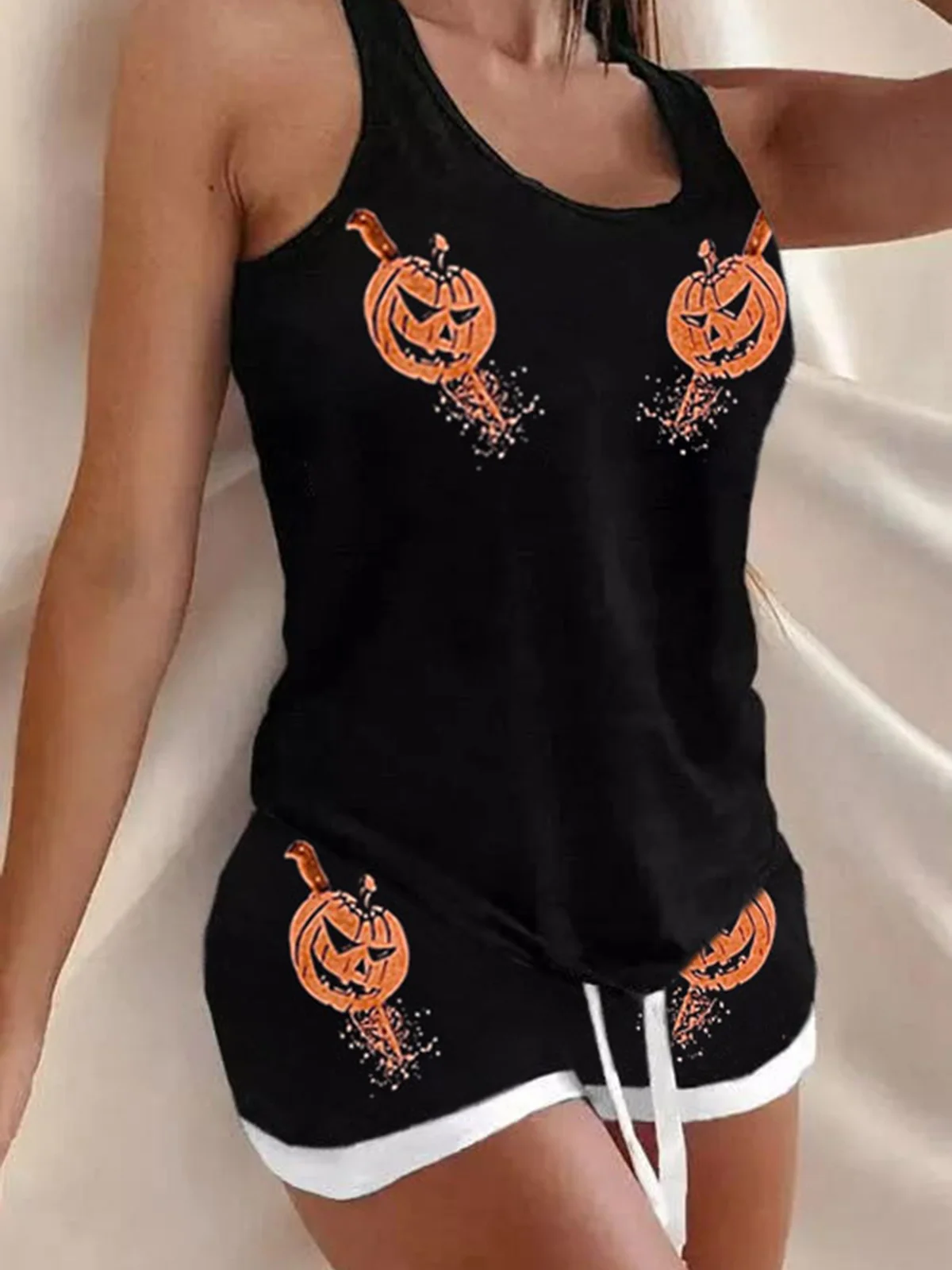 Top Trends: 2023 Halloween Pumpkin Face Racerback Tank And Shorts Pajamas Set Ladies O Neck Sleepwear Comfortable Home Clothing For Women Shoppable Styles