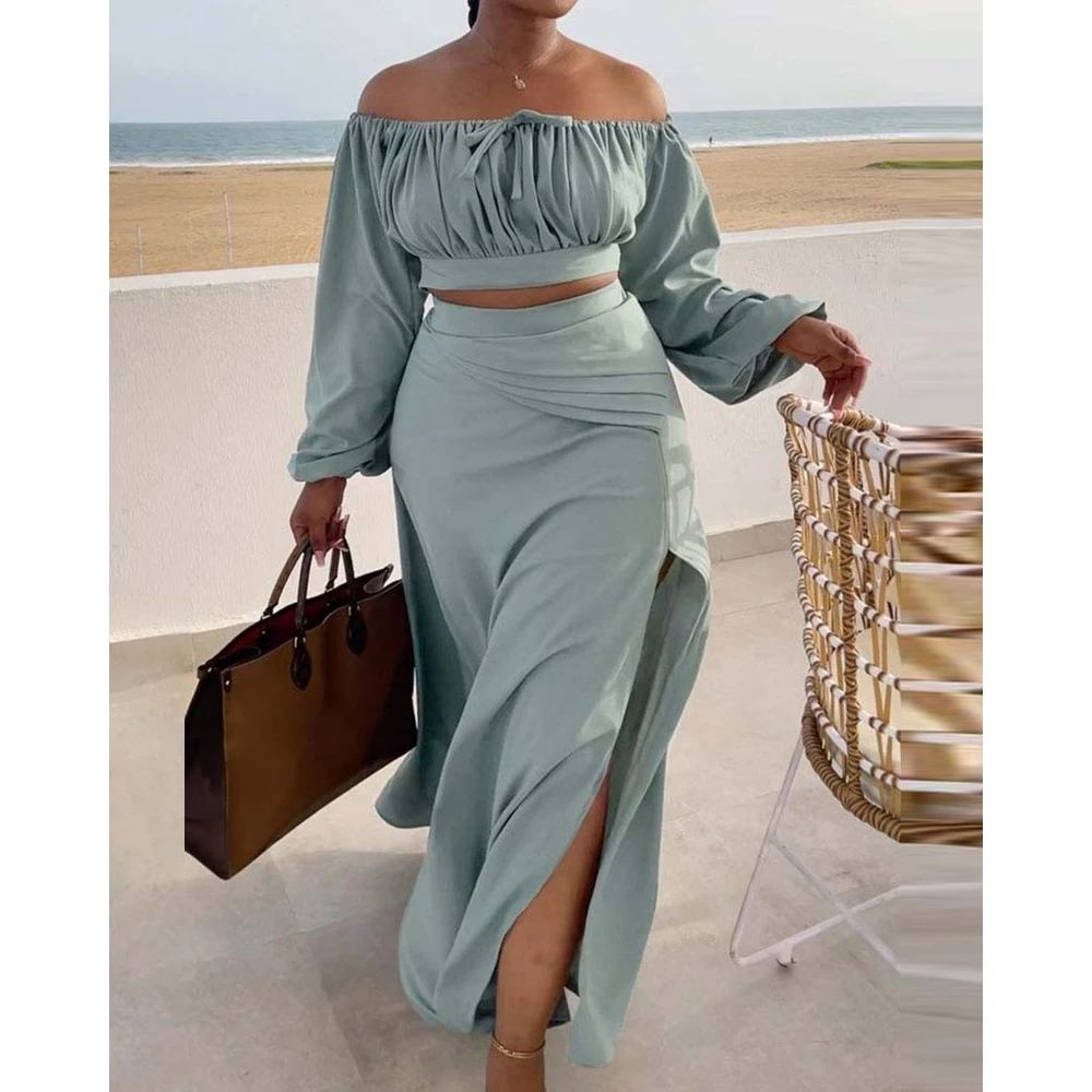 Top Trends: Women Ruched Lantern Long Sleeve Off Shoulder Crop Top & High Waist Side Slit Maxi Skirt Set Solid Two Pieces Dress Set Outfits Shoppable Styles