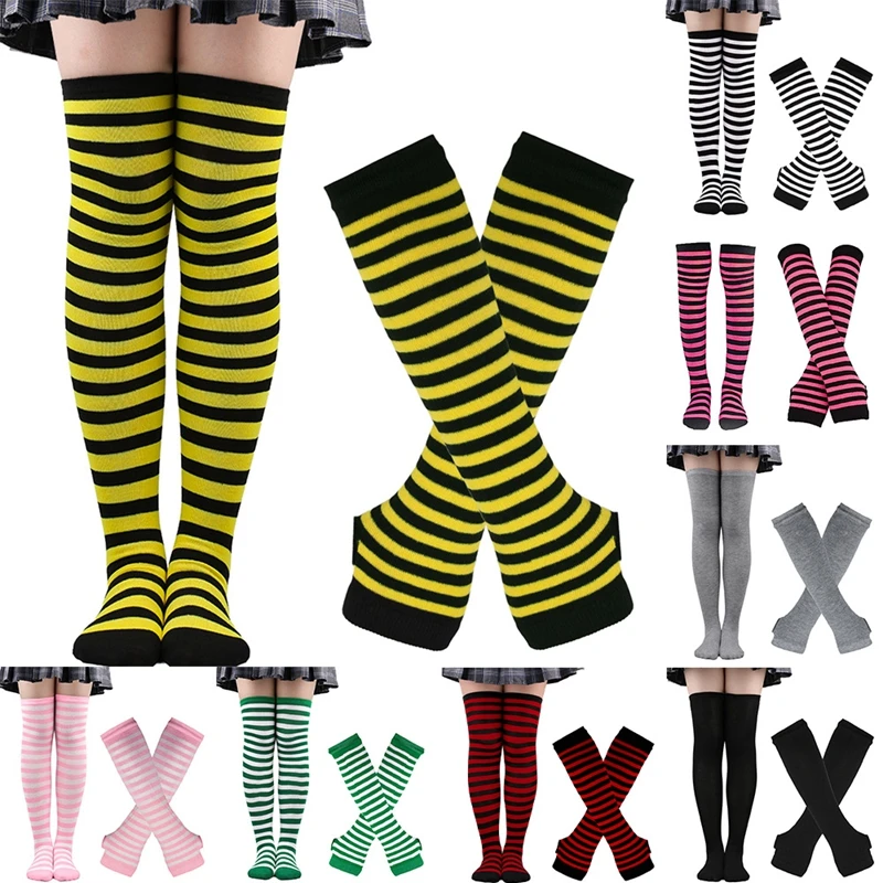 Top Trends: 1 Set Women Over The Knee Thigh High Stockings Socks Knitted Arm Gloves Female Striped Gloves Warm Knee Socks Christmas Gifts Shoppable Styles