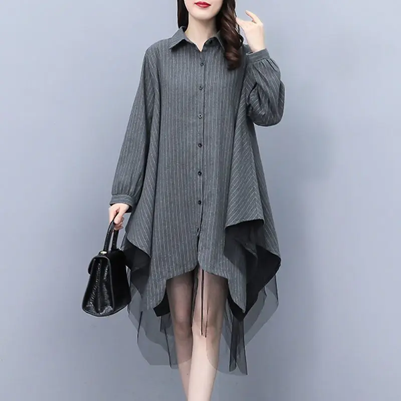 Top Trends: Women Clothing Chic Design Patchwork Shirt Spring Autumn Oversized Lace Button Irregular Tunics Korean Fashion Office Lady Tops Shoppable Styles