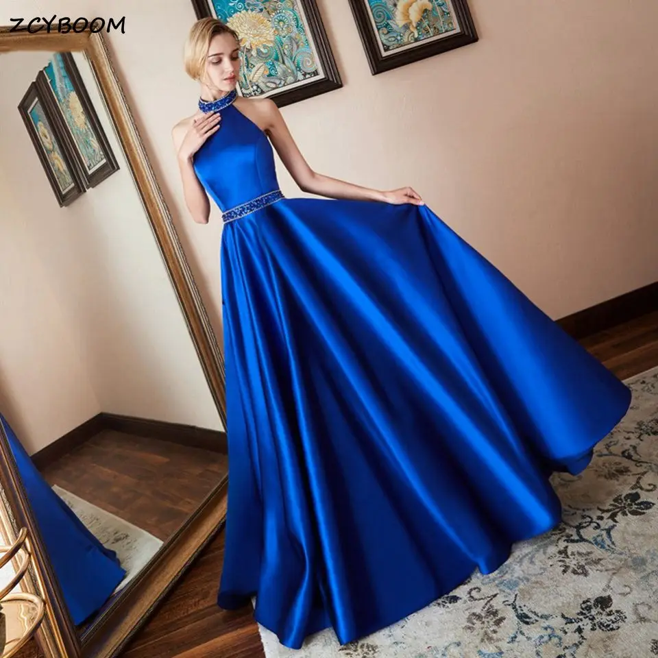 Top Trends: 2023 Elegant Newest Royal Blue Halter Satin A-Line Beaded Sequin Long Prom Dresses Sleeveless Backless Floor Length Prom Dresses Shoppable Styles