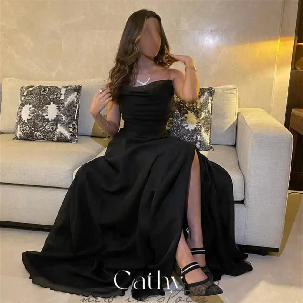 Top Trends: Cathy Black Strapless A-line Vestidos De Noche Sexy Side Split Prom Gown Silk Chiffon Prom Dress 2023 Sleeveless فساتين السهرة Shoppable Styles