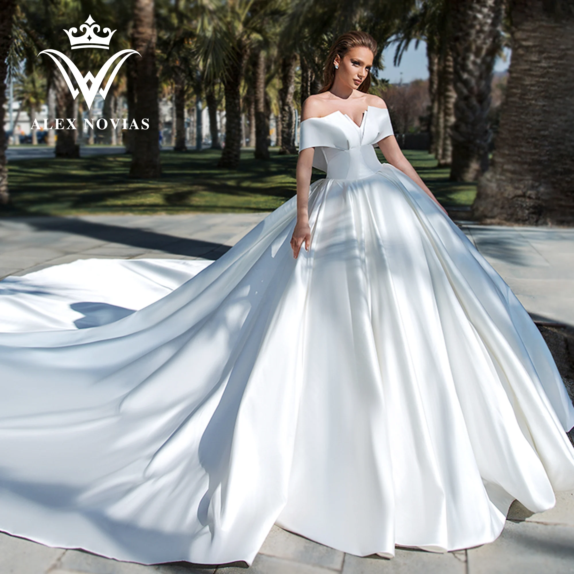 Top Trends: ALEX NOVIAS Ball Gown Satin Wedding Dresses 2023 Vintage Off Shoulder Boat Neck Cathedral Train Wedding Gown Vestidos De Novia Shoppable Styles