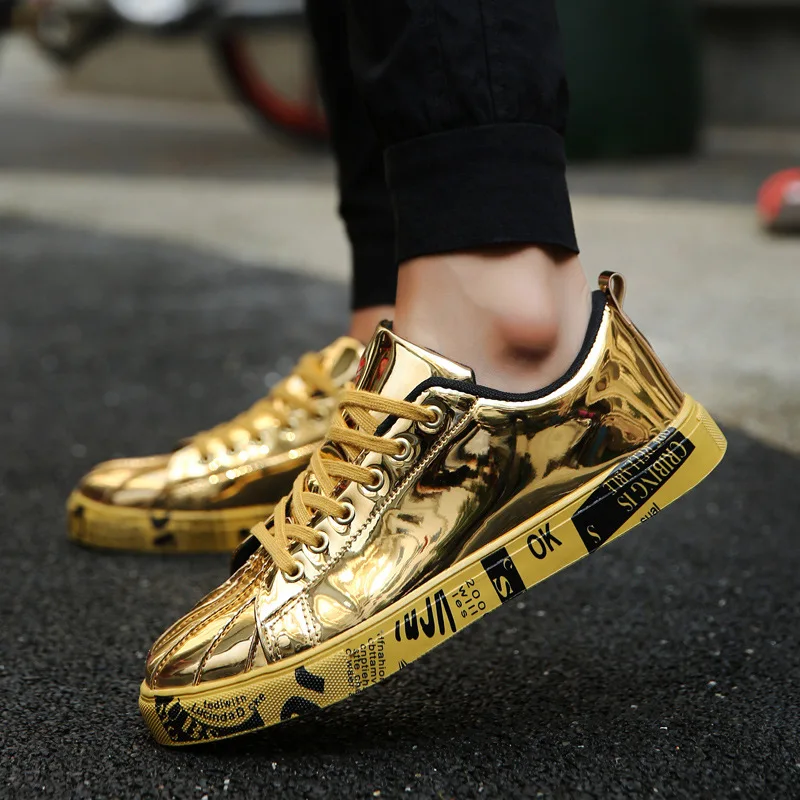 Top Trends: Men Shoes Fashiona Patent Leather Sneakers Tops Gold Silver Hip Hop Boots Glossy Lighted Brand Designer Shoes Flats Size 46 Shoppable Styles