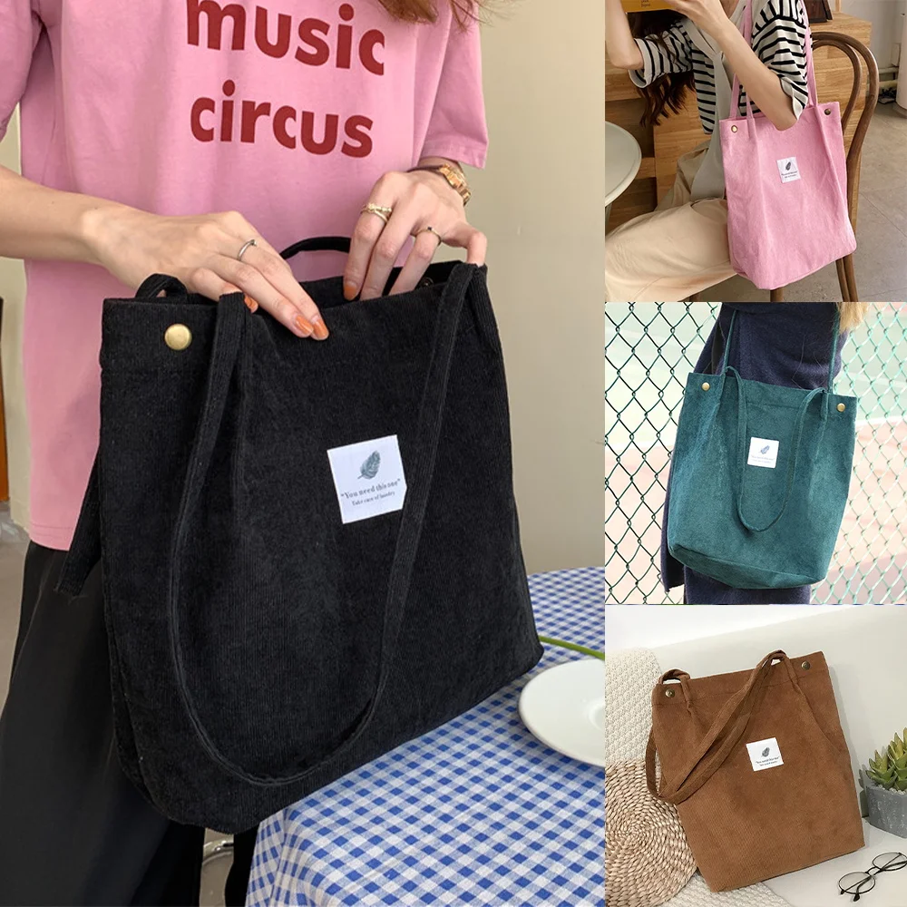 Top Trends: Women Corduroy Shoulder Bag Reusable Shopping Bags Casual Tote 2022 New Soft Female Handbag With Button Environmental Organizer Shoppable Styles