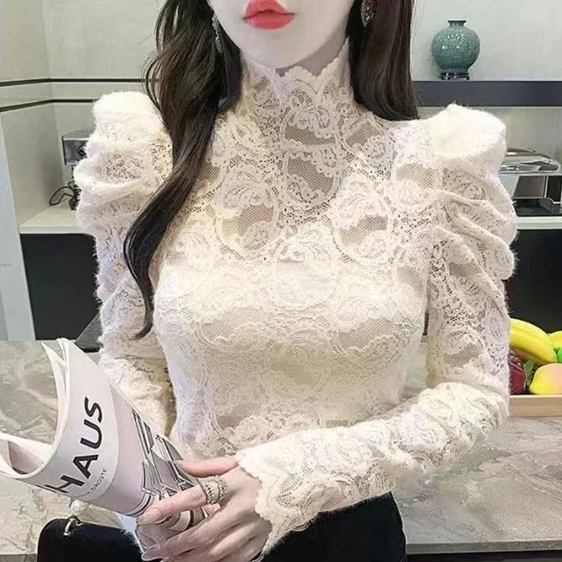 Top Trends: Elegant Turtleneck Folds Ruffles Hollow Out Lace Blouse Women Clothing 2023 Autumn New Casual Pullovers Puff Sleeve Korean Shirt Shoppable Styles