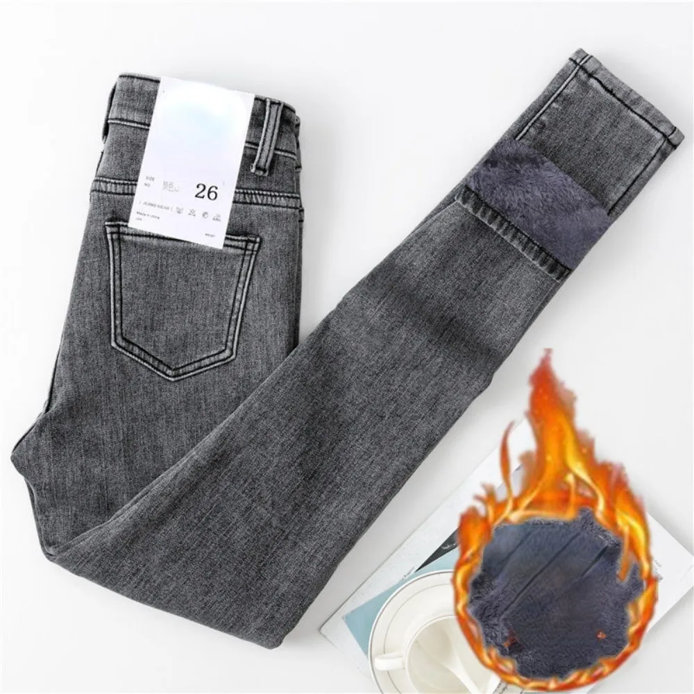 Top Trends: Women Winter Fleece Denim Trousers Skinny Keep Warm Plush High Stretch Jeans Thick Velvet Pencil Pants Full Length Jeans Women Shoppable Styles - Image 3