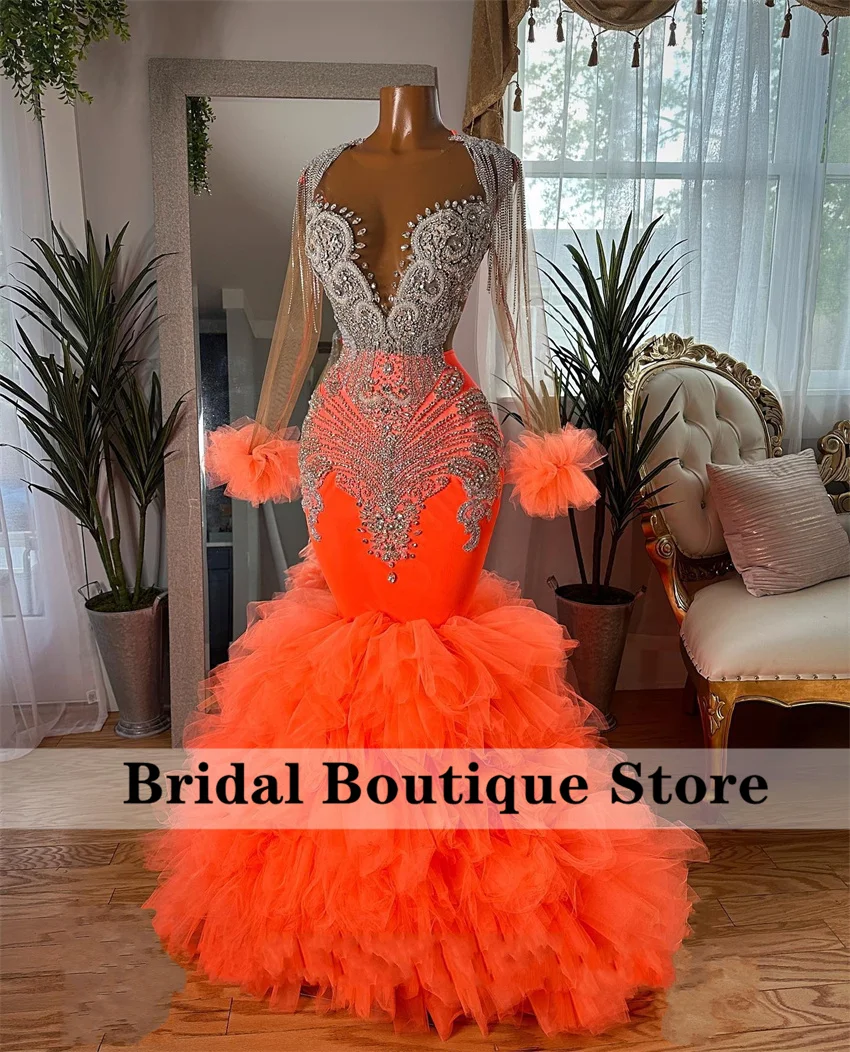 Top Trends: Sparkly Diamonds Mermaid Prom Dress 2024 Glitter Bead Crystal Rhinestones Ruffle Wedding Birthday Party Gown Long Sleeves Shoppable Styles