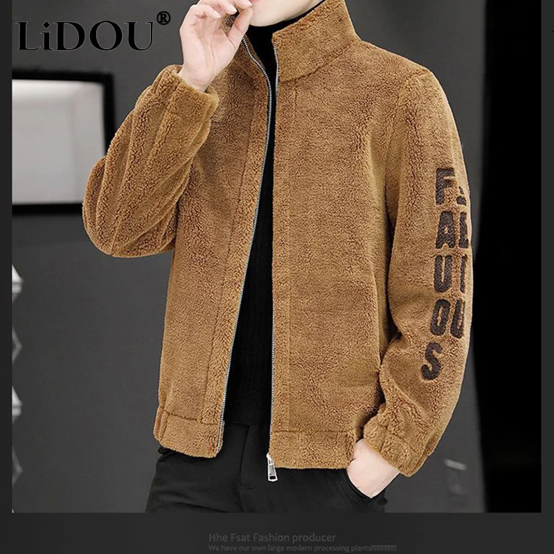 Top Trends: Spring Autumn New Trendy Temperament Handsome Fashion Male Coat Casual Simple Solid Color Loose Warm Lamb Fleece Top Men Clothes Shoppable Styles