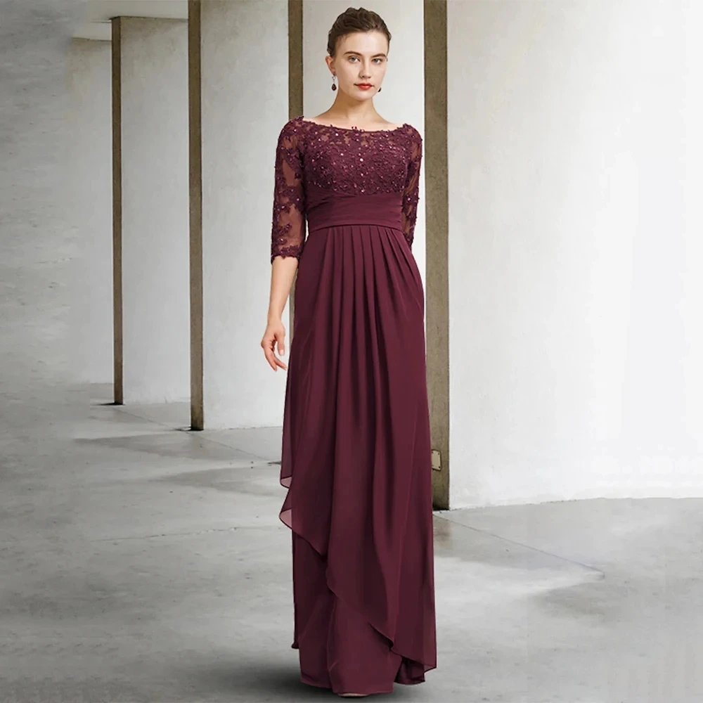 Top Trends: Burgundy Chiffon Mother Of The Bride Dress Scoop Neck 3 / 4 Sleeve Beads Sequin Applique Floor Length Wedding Guest Gown Shoppable Styles