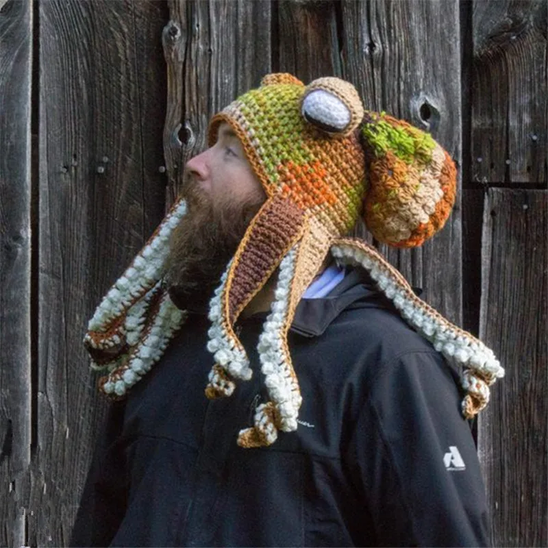 Top Trends: Octopus Beard Hand Weave Knit Wool Hats Men Christmas Cosplay Party Funny Tricky Headgear Winter Warm Couples Beanies Cap Shoppable Styles