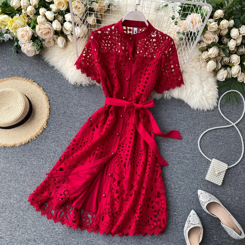 Top Trends: French Stylish Hollow Out Lace Vestido Women Elegant Solid Open Stitch Lace-up Evening Dress New Tide Summer Girl Formal Party Shoppable Styles