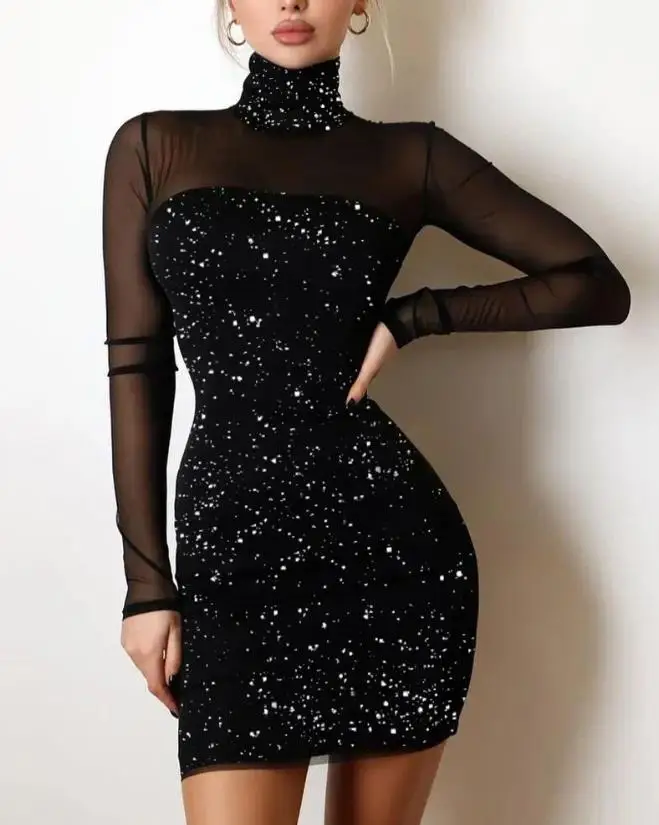 Top Trends: Elegant Women's Dresses 2022 Summer Fashion Glitter High Neck Sexy Contrast Mesh Skinny Plain Long Sleeve Mini Party Dress Shoppable Styles