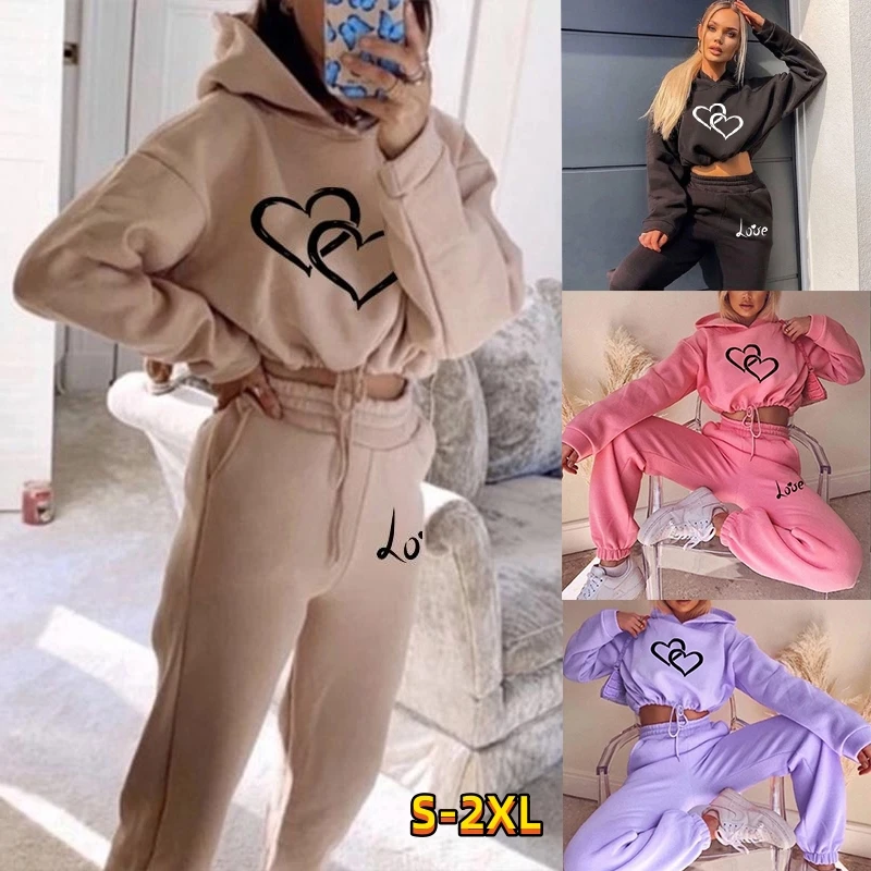 Top Trends: 2023 Hot Sale Funny Love Heart Tracksuit Women Suit Fleece Hoodies Casual Sports Set Long Sleeved Sweater Trousers Sportswear Shoppable Styles