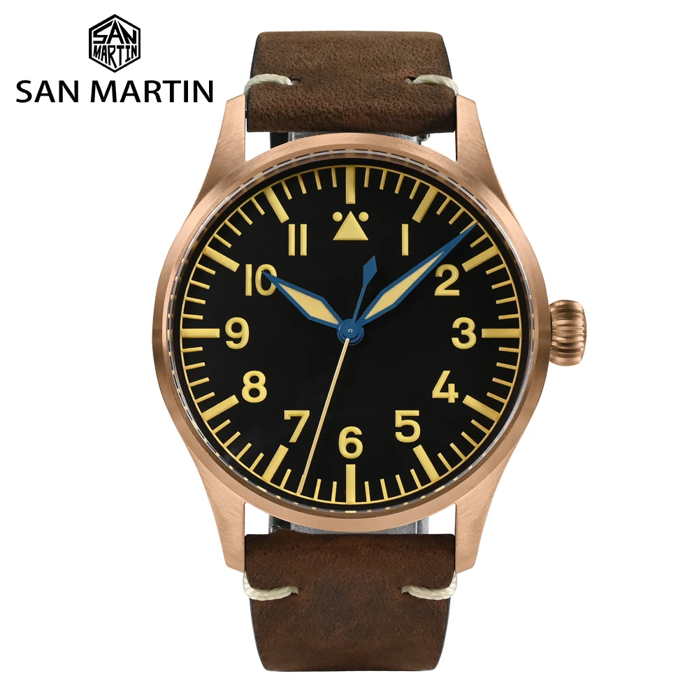 Top Trends: San Martin 41mm Cusn8 Bronze Pilot Watch NH35 Automatic Mechanical Men Watches Military Simple Sapphire 10Bar Leather Relojes Shoppable Styles