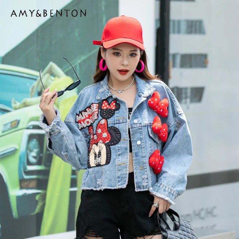 Top Trends: Potdemiel Fashion Brand Jeans Coat Women Spring Autumn New Heavy Industry Cartoon Sequins High Street Loose-Fitting Denim Coats Shoppable Styles