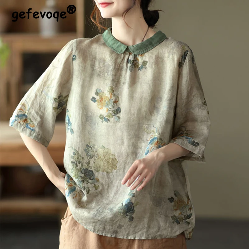 Top Trends: Summer New Vintage Cotton Linen Print Loose Shirt Women Half Sleeve Aesthetic Fashion Lady Tops Folk-custom Chic Casual Pullover Shoppable Styles