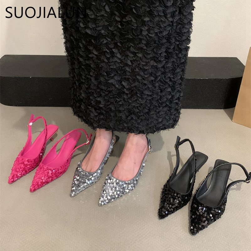 Top Trends: SUOJIALUN 2023 New Bling Women Sandal Fashion Pointed Toe Shallow Slip On Ladies Elegant Slingback Shoes Med Heel Pumps Shoes Shoppable Styles