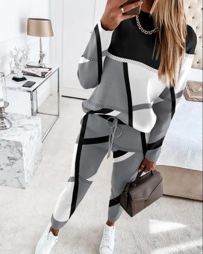 Top Trends: Two Piece Sets Womens Outifits Casual Geometric Print Long Sleeve O-neck Top Pullover & Fashion Drawstring Pants Set Streetwear Shoppable Styles - Image 2