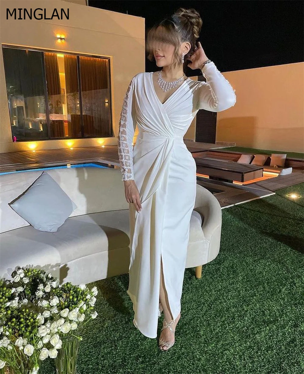 Top Trends: MINGLAN White Elegant V Neck Pleat Full Sleeve Sequined Crystal Evening Dress Floor Length High Slit Sweep Train Prom Gown New Shoppable Styles