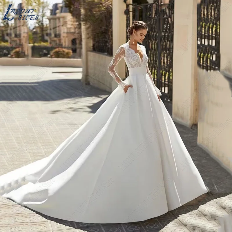 Top Trends: LAYOUT NICEB Elegant Wedding Dresses For Woman Vestidos De Novia V Neck Lace Long Sleeves Satin Bridal Gown Illusion Back Bride Shoppable Styles