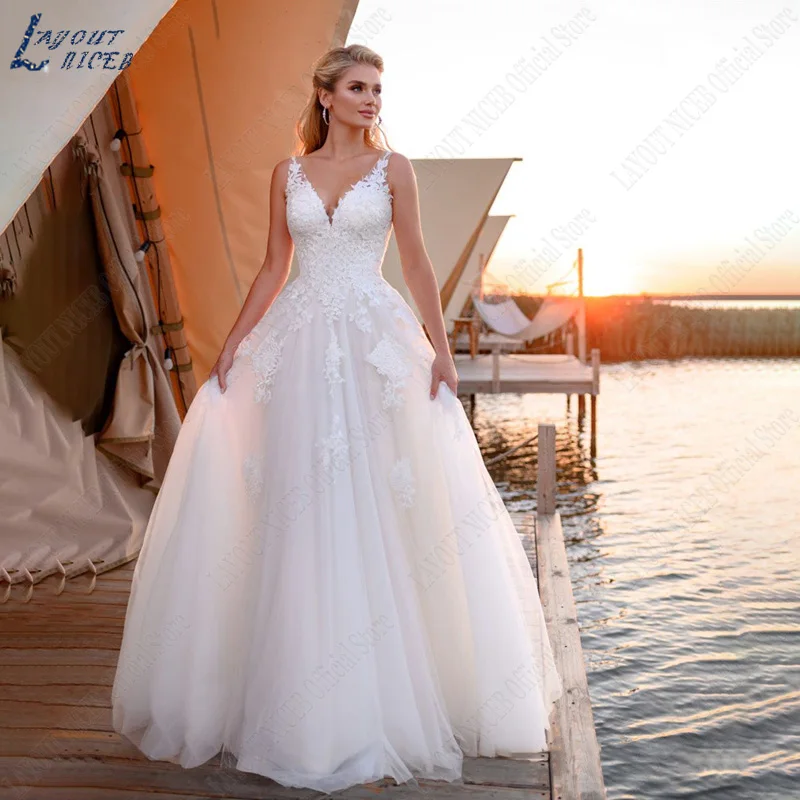 Top Trends: LAYOUT NICEB Applique Straps Wedding Dresses Women Lace-Up Backless Bridal Gown Beach V-Neck Vestidos De Novia Playa Custom Made Shoppable Styles