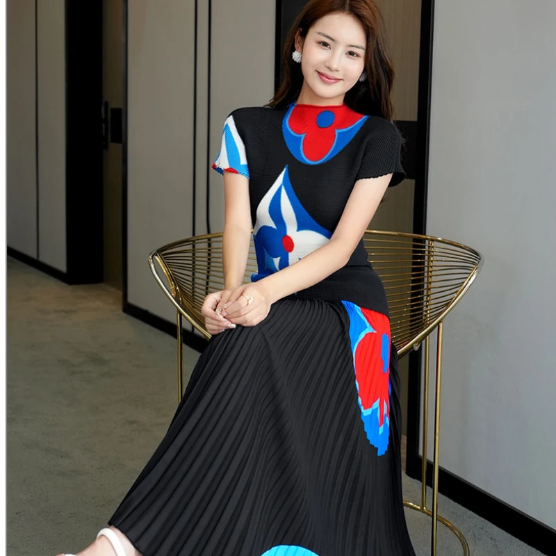 Top Trends: Summer Lady Pleated Skirt Suit Elegant Women Two Piece Black Short Sleeve Top Skirt Suit Female Outfit Vietnamese Clothing Shoppable Styles