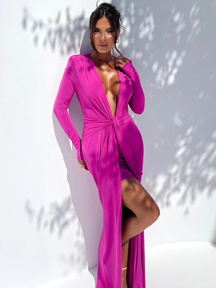 Top Trends: Articat Sexy Deep V Long Sleeve Bodycon Women&#039;s Dress Slim Fit Lace Up High Split Female Maxi Dress Party Club Evening Dress Shoppable Styles