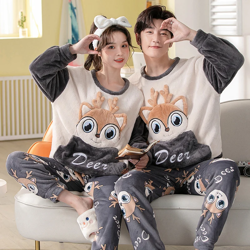 Top Trends: 32 Style New Warm Flannel Plush Winter Couple Pajama Sets Long Sleeve O-Neck Pyjamas For Women Men Lover Clothing Sweet Cartoon Shoppable Styles