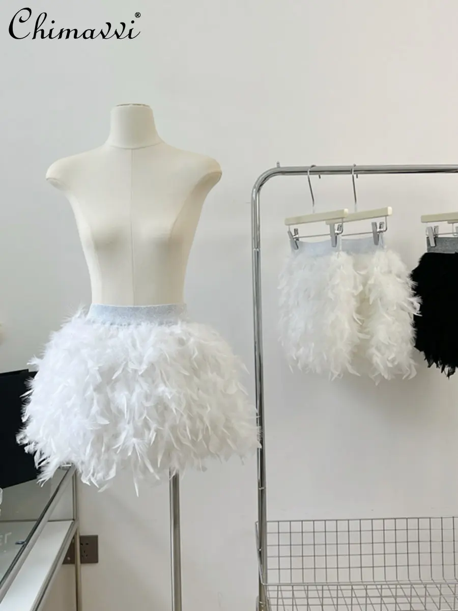 Top Trends: 2023 Spring Summer New Fashion Feather Short A- Line Skirt Women Elastic Waist White All-Match Tutu Female Student Mini Skirt Shoppable Styles