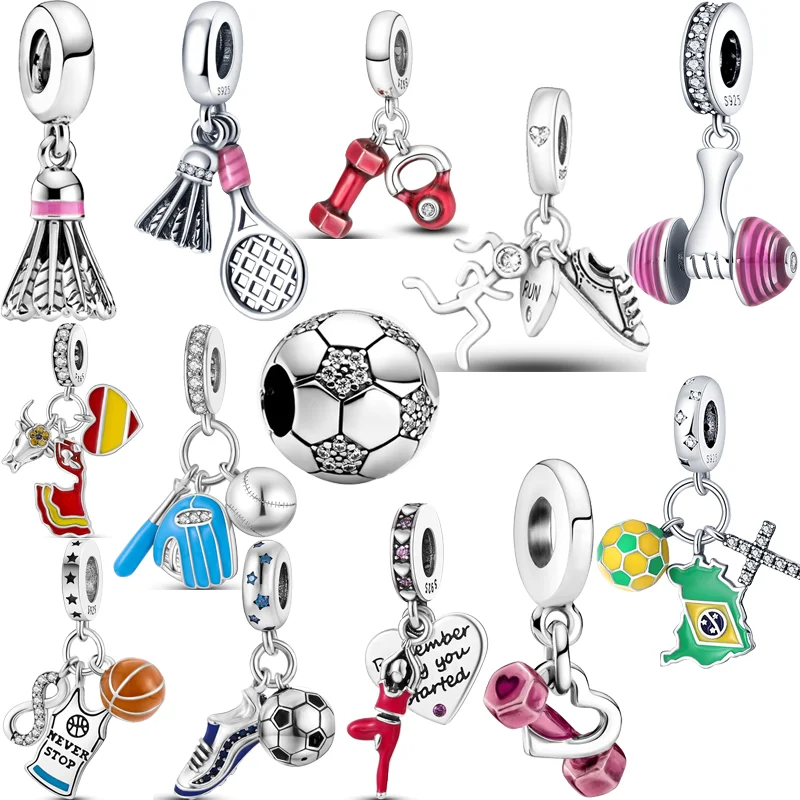 Top Trends: New 925 Silver Badminton Dumbbell Football Basketball Runner Sports Style Beads Fit Original Pandora Charms Bracelet DIY Jewelry Shoppable Styles