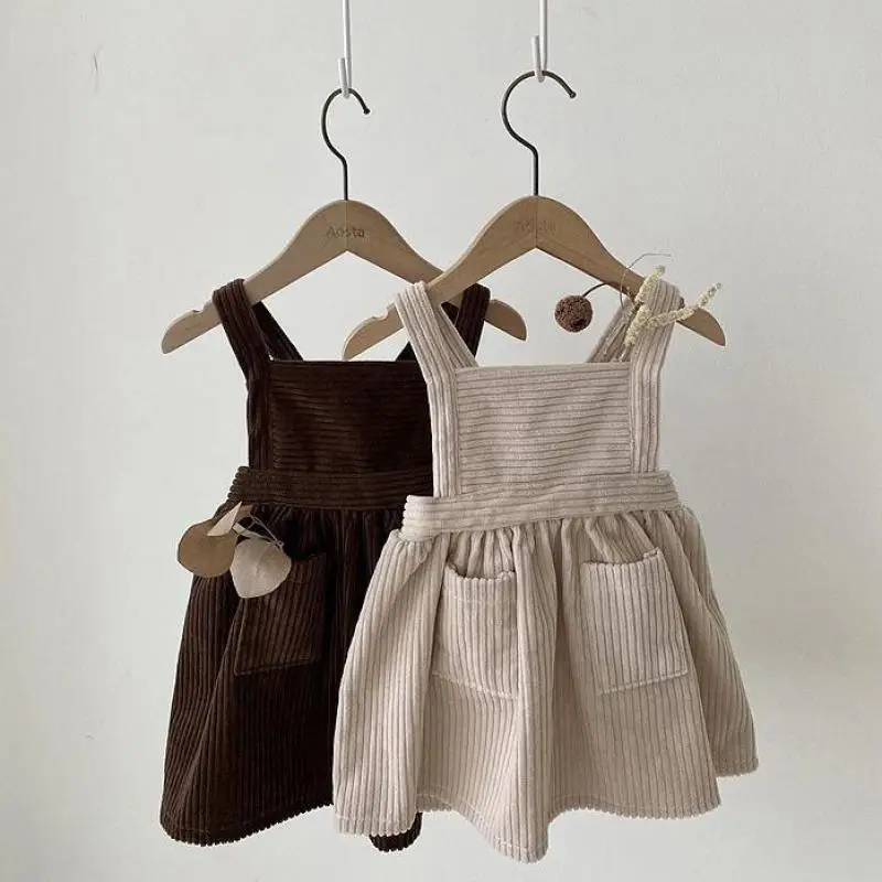 Top Trends: 2023 Autumn New Baby Girls Sleeveless Dress Solid Infant Corduroy Casual Strap Dress Cute Princess Vest Dress Children Clothes Shoppable Styles